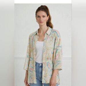 NWT Itallian 100% Linen beachy island button up shirt coastal paisley artsy OS